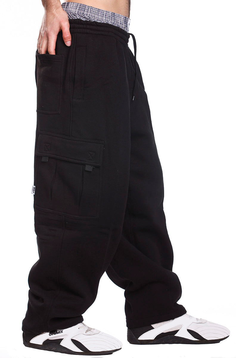 Plus Size Fleece Cargo Pocket Joggers - Black